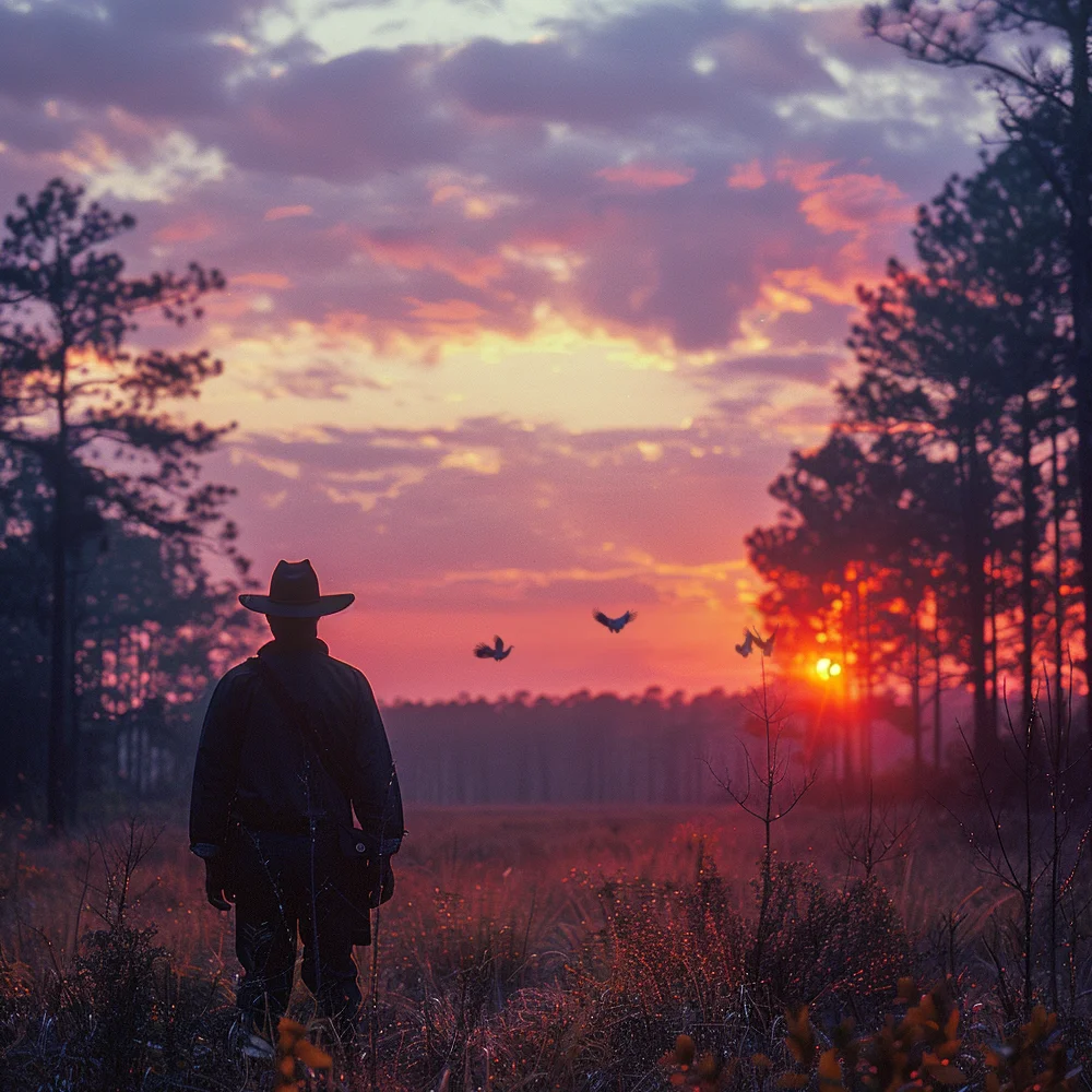 man looking out at quail at sunrise