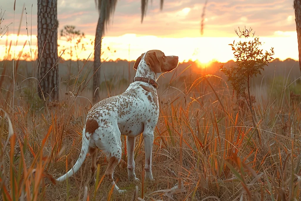 florida hunting bird dog searching for quail as the sun rises